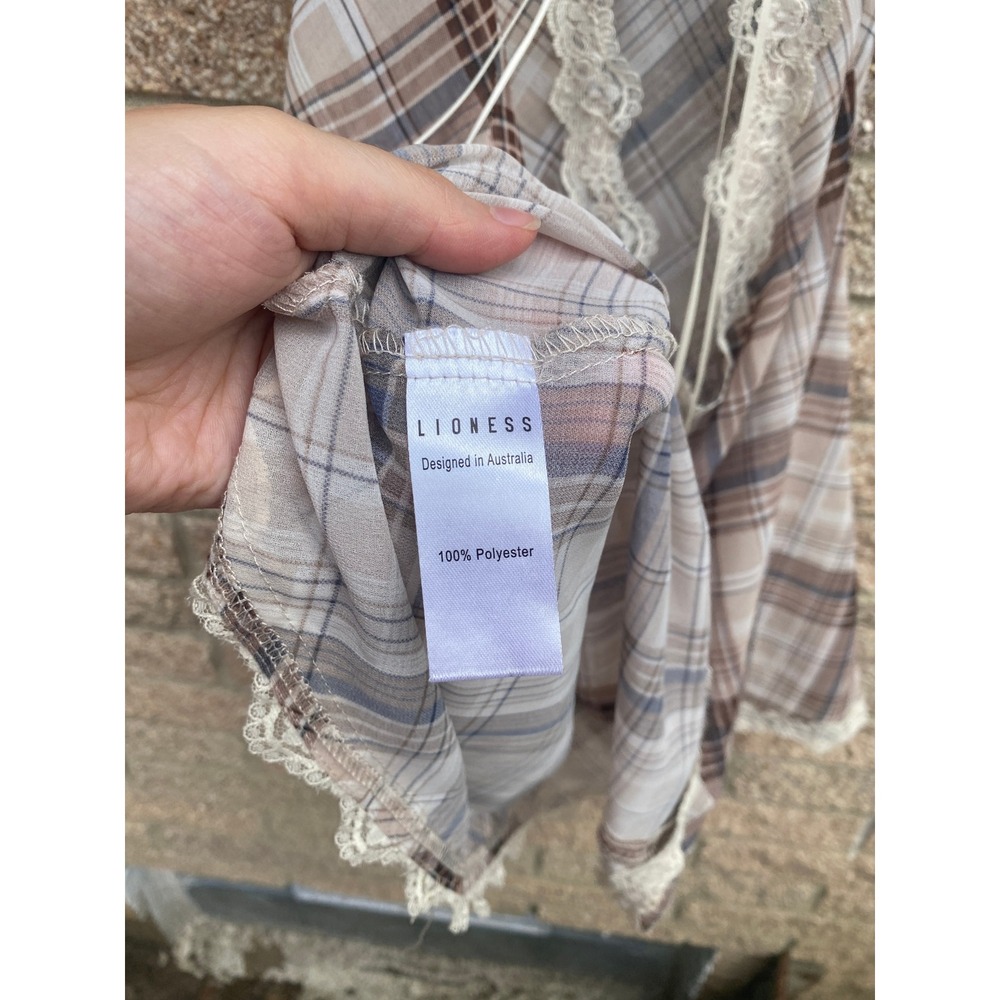 Lioness Stars Align Mini Dress Halter Plaid Lace Large Tan Coquette Party Sheer - Picture 9 of 9